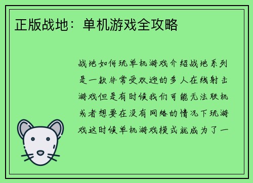 正版战地：单机游戏全攻略