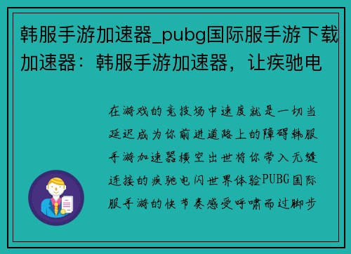 韩服手游加速器_pubg国际服手游下载加速器：韩服手游加速器，让疾驰电闪间尽享畅快游戏